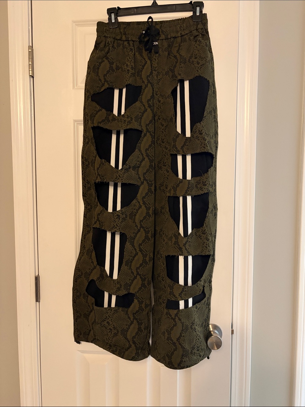Olive Snake-Print Cutout Wide-Leg Pants with Black Stripe Inset